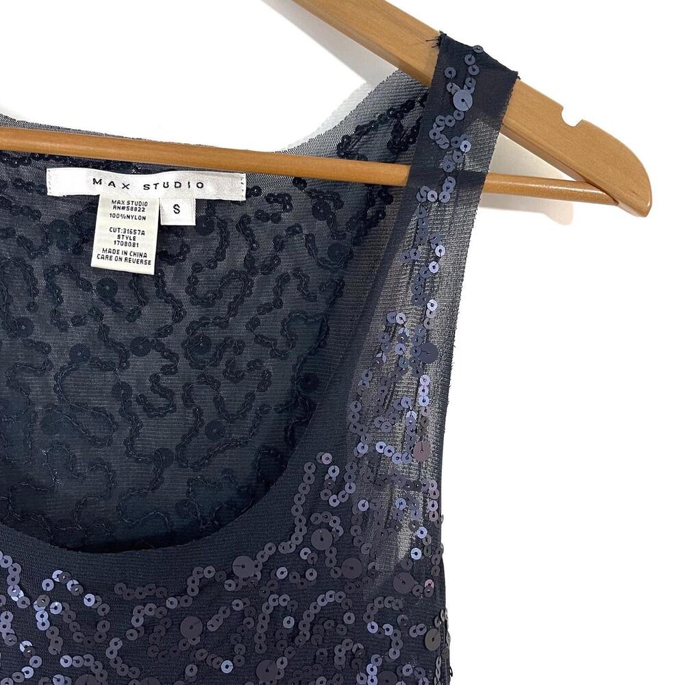 Max Studio Women’s Size Small Dark Blue Sequin Mesh Sleeveless Tunic Tank Top - Picture 6 of 9